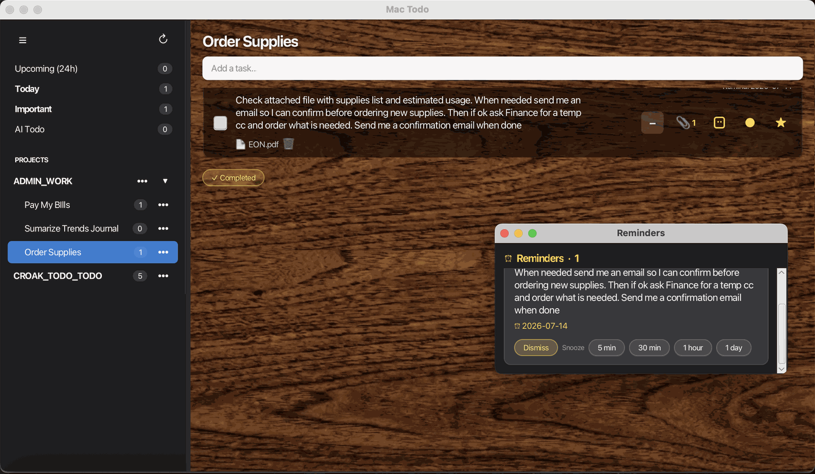 CroakTodo app screenshot: a to-do list with projects, an AI Task with an attached file, and a reminders popup
